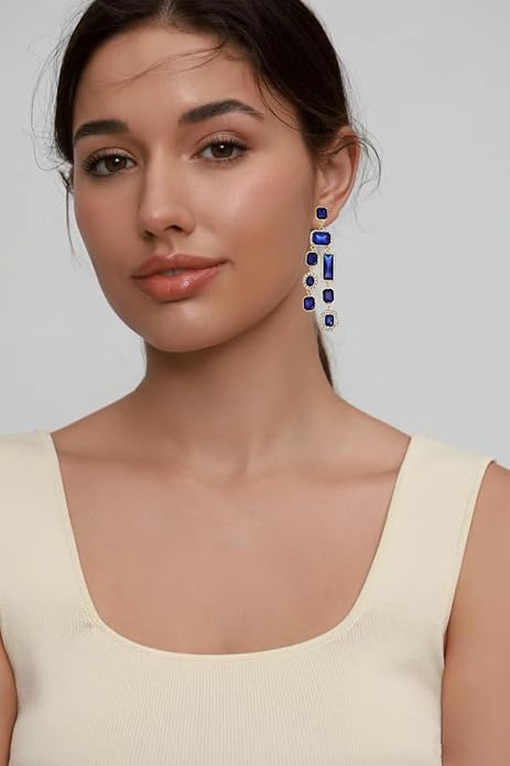 Vintage Rectangle Teardrop Chandelier Earrings, Art Deco Wedding Austrian Crystal Drop Dangle Earrings for Women Party Prom