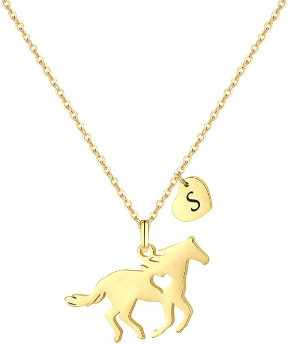 MONOOC Valentines Gifts for Kids Her Girls - Horse Necklace Gifts for Girls Horse Jewelry Necklaces Heart Initial Necklace Valentines Gift for Kids Her Teen Girl Women