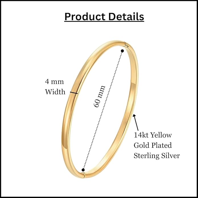 Classic 4mm Plain Bangle Bracelet for Women, 7.5 Inch, 14K Yellow Gold Plated Sterling Silver, Secure Hinge Lock, Gift for Her