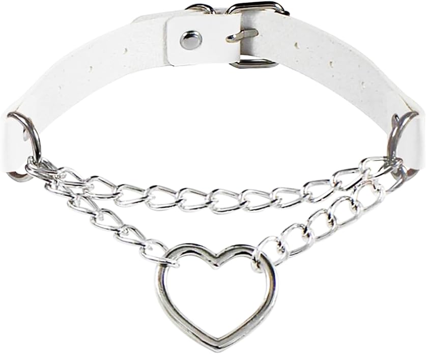 Gothic Heart Pendant Choker Necklace with Chain, Black Leather Collar, Silver Metal Hardware