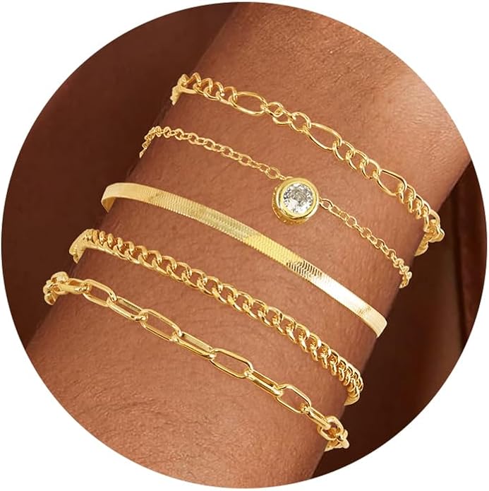 VIBILIA Dainty Gold Chain Bracelet for Women Trendy Stackable Adjustable Layered Metal Bracelet Gold Plated Twist Link Figaro Chain Paperclip Bracelets Fashion Jewelry