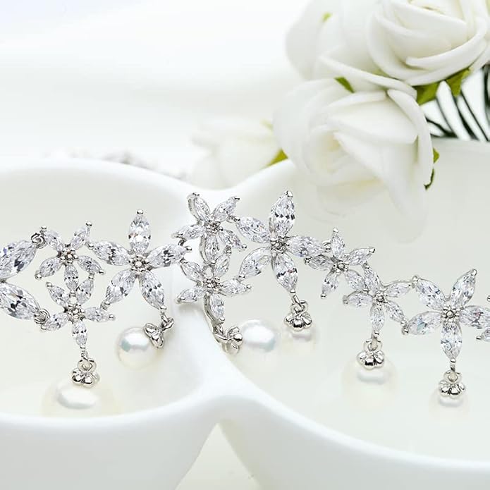 Women's Bridal Jewelry Set, 14K Gold Freshwater Pearl & Crystal, Choker Necklace & Drop Earrings, Elegant Wedding Fashion Ensemble