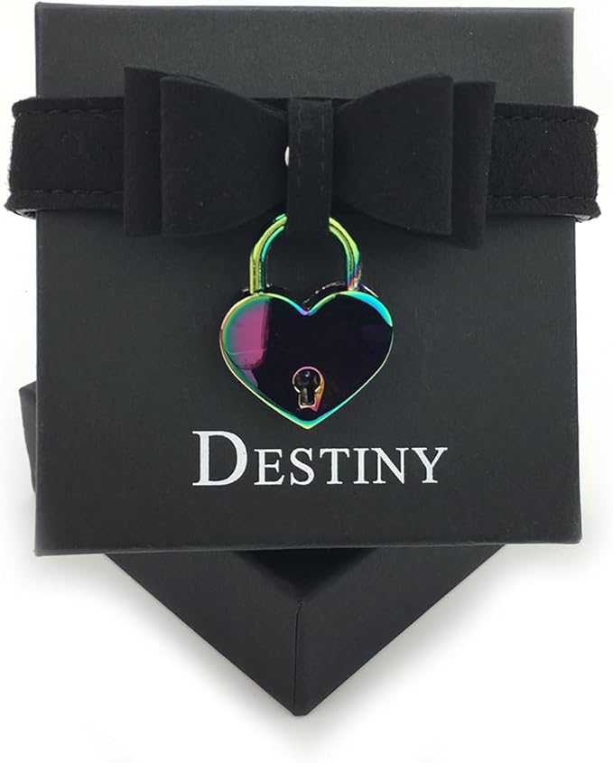 Destiny Love Bell Padlock Choker Collar Necklace Lolita Bow Collar Cat Kitty Velvet Necklace with Heart Lock and Key with Box for Women and Men