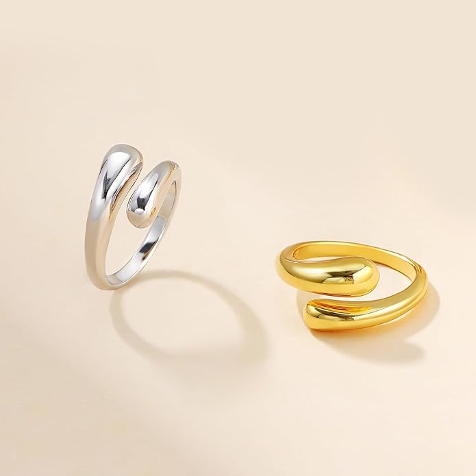 Chunky Rings For Women, Gold Silver Thumb Ring Asymmetrical Wavy Curve Ring Adjustable Non Tarnish Dainty Stainless Steel New Year Anniversary Birthday Jewelry Gift