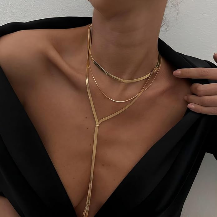 2Pcs Gold Long Snake Chain Y Drop Necklaces for Women Trendy Statement Layered Lariat Choker Necklace Y2K Formal Prom Party Jewelry Accessories Gift
