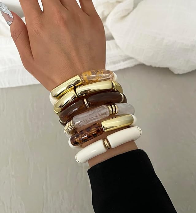 iF YOU 6pcs Chunky Acrylic Bangle Bracelets for Women, Resin Bamboo Brown Stretchy Bracelet Stack, Fashion Jewelry for Women
