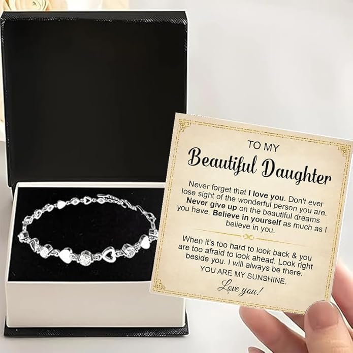 To My Daughter Bracelet, Silver Heart Chain Bracelet with Shiny Stones, Perfect Birthday or Graduation Christmas Gift for Daughter with Message Card and Gift Box
