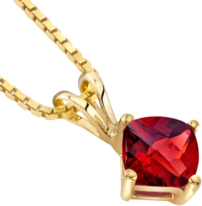 PEORA 14K Solid Yellow Gold Red Garnet Pendant for Women, Natural Gemstone Classic Solitaire, 1 Carat Cushion Cut, 6mm, Sparkling V-Day Gift, Women Gift Ideas w/Jewelry Box