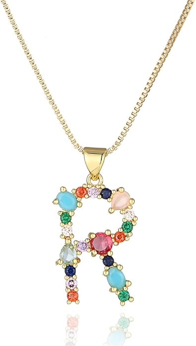 Eben-Ezer 18K Gold Box Chain Choker Initial Necklace Multi-Color Zircon Letter Pendant Script Name Custom Necklace for Women Gift Alphabet 26 A-Z