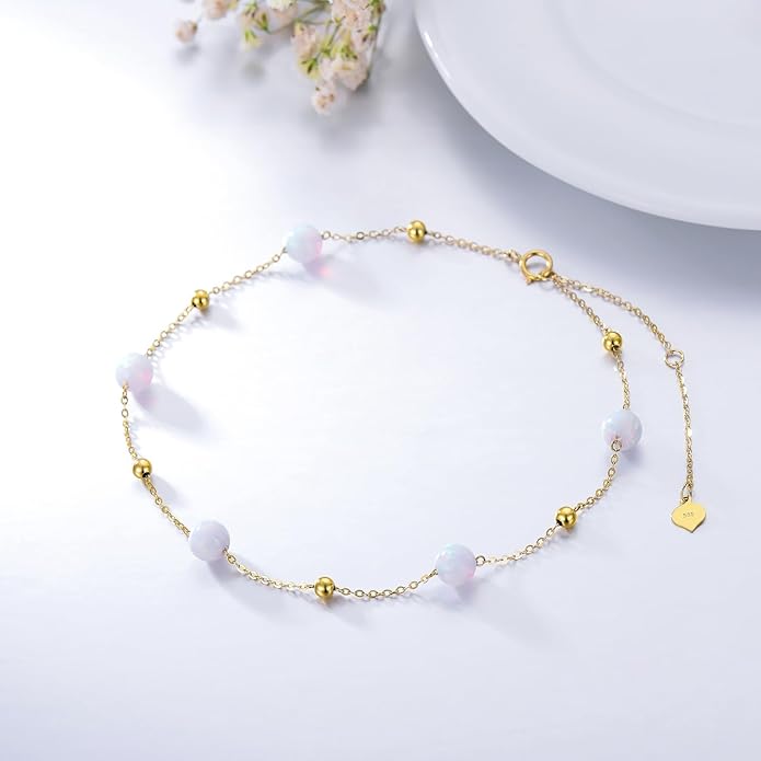 14K Gold Opal Anklet for Women Yellow Gold Turquoise Black Onyx Ankle Bracelet Foot Jewelry for Her, 8''-10''