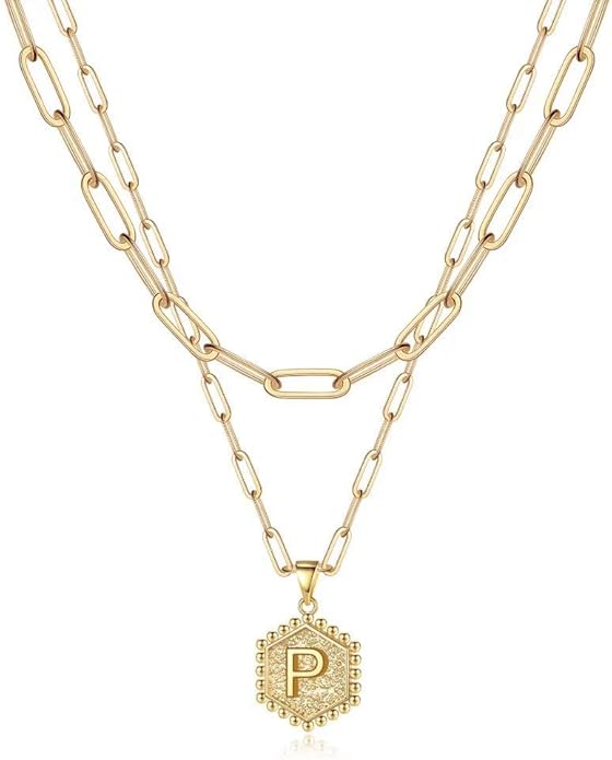 M MOOHAM Valentines Gifts for Women Teen Girls, 14K-Gold-Plated Initial Necklaces for Women Cute Hexagon Letter Initial Necklace Layered Necklaces for Womens Teen Girl Valentines Jewelry Gifts