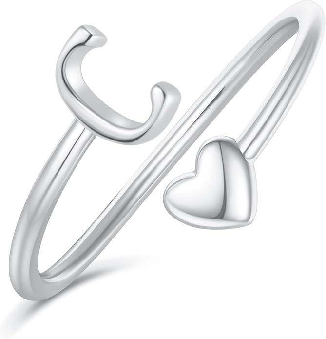 Initial Rings for Women Girls - Valentines Day Gifts for Her, Adjustable Rings for Women Non Tarnish Letter A-Z Dainty Heart Ring Teen Girls Gifts Trendy Stuff Personalized Jewelry Gift