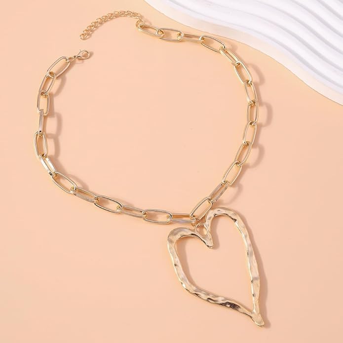Chunky Gold Heart Necklace for Women,Y2K Big Heart Statement Necklace Long Puffy Hearts Chain Charm Necklaces Trendy Jewerly