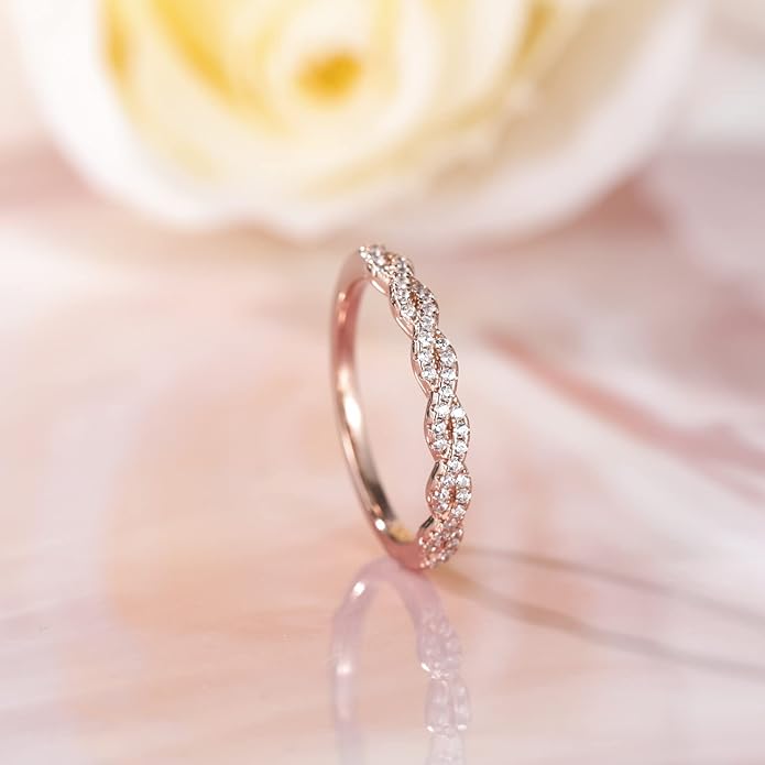 EAMTI 925 Sterling Silver Wedding Band for Women Cubic Zirconia Twisted Rope Half Eternity Band Ring Size 3-13