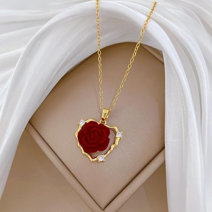 ONLYJUMP Rose Alloy Necklace for Women Heart Pendant Copper Zircon Light Luxury Fashion Jewelry Dainty Romantic Statement Necklace for Daily Wear Ideal Valentine's Day Anniversary Birthday Gift
