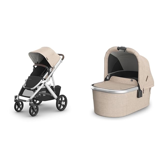 UPPAbaby Vista V3 Stroller + Bassinet V3 - Convertible Single-to-Double Stroller System- Bassinet, Toddler Seat, Bug Shield, Rain Shield Included - Declan (Oat Mélange/Silver Frame/Chestnut Leather)