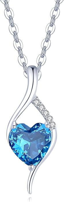 FANCIME 14K Solid White Gold Birthstone Necklace Genuine or Created 6mm Heart Gemstone Pendant with Lab Grow Diamonds Sterling Silver Chain Fine Jewelry Anniversary Birthday Gifts for Women 16" + 2"