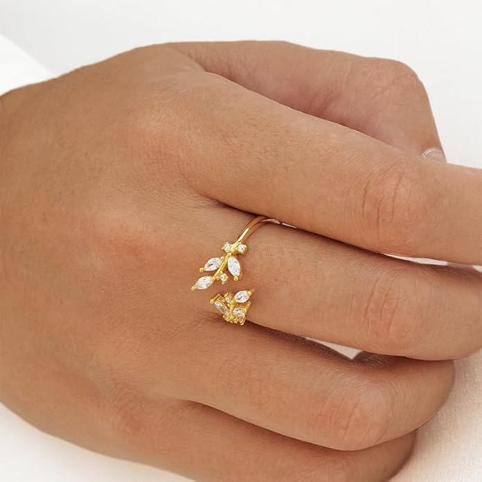 Gold Rings Non Tarnish Silver Adjustable Rings for Women Cubic Zirconia Leaf Ring Dainty Silver Stackable Ring for Women