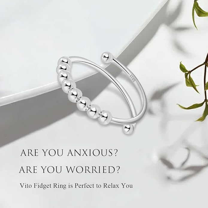 Vito 925 Sterling Silver Fidget Anxiety Ring for Women, Adjustable Open Spinner Ring Stress Relief Ring Stacking Band Anillos Jewelry Gift for Mom Daughter