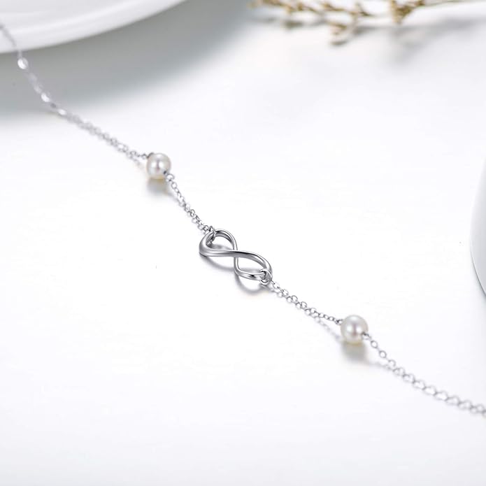 SISGEM 14k Gold Infinity Anklets for Women, Real Pearl Love Knot Ankle Bracelet Jewelry Gifts for Her, 8.6-10.2 Inch