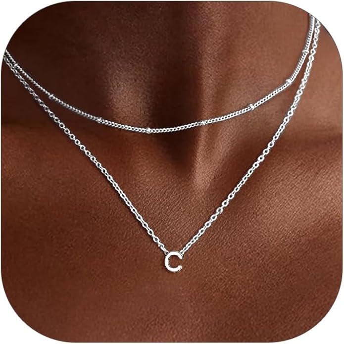 ChicSilver Layered Initial Necklace for Women, 925 Sterling Silver Personalized Letter A-Z Pendant Necklaces, Hypoallergenic Silver Choker with Adjustable 16" Rolo Chain, Dainty Birthday jewelry