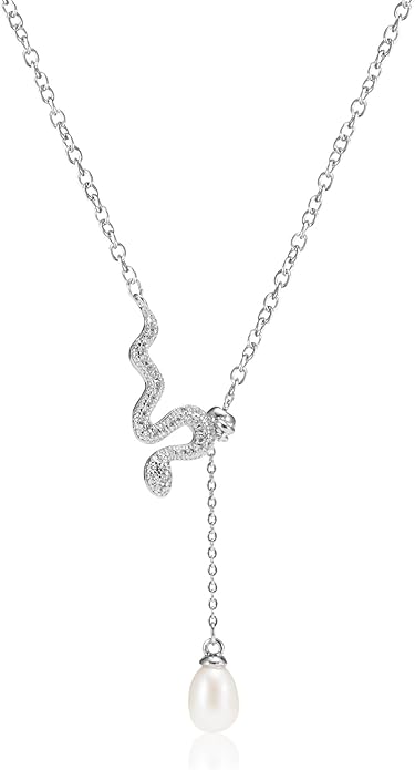 IDOKAWA Bowknot/Snake Pendant Imitation Pearl Necklace Gorgeous Y Necklace for Women AAA Quality Alloy Fashion Jewelry Gifts for Wife Friend-Snake