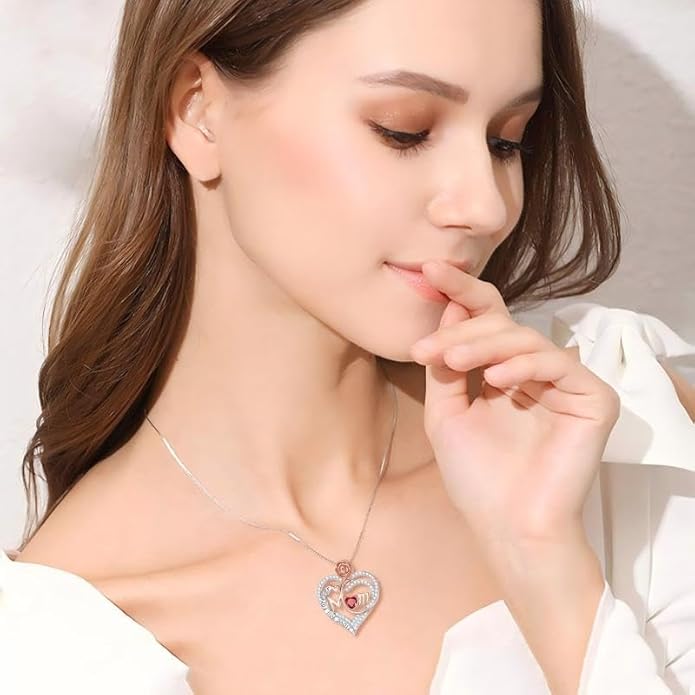 Rose Birthstone Gifts for Mom, S925 Sterling Silver Rose Heart Pendant Birthstone Necklace Mothers Day Valentines Day Christmas Birthday Jewelry Gifts for Mom