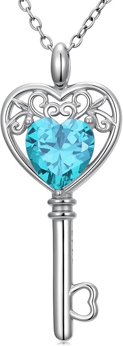 WSX Heart Key Birthstone Necklace for Women 925 Sterling Silver Love Key Pendant with Birthstone Valentine's Day Anniversary Jewelry Gift for Her