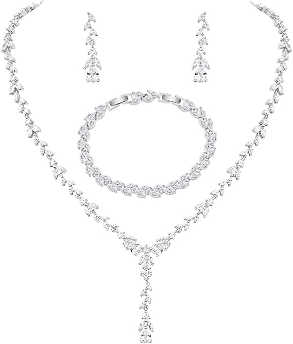 Bridal Wedding Jewelry CZ Set Marquise Teardrop Cubic Zirconia Pendant Necklace and Dangle Earring Bracelet Sets for Women