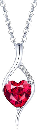FANCIME 14K Solid White Gold Birthstone Necklace Genuine or Created 6mm Heart Gemstone Pendant with Lab Grow Diamonds Sterling Silver Chain Fine Jewelry Anniversary Birthday Gifts for Women 16" + 2"