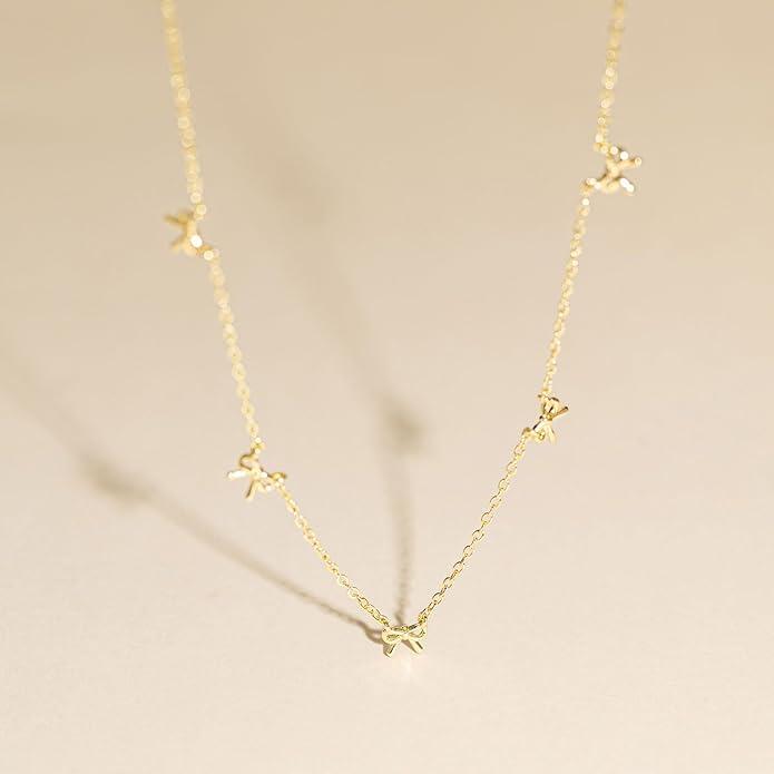 VRIUA Necklaces for Women - 14K Gold/Silver Plated Dainty Chain Necklace with Five Charms: Diamond, Bow, Snowflake, Cross, Flower, Clover, Butterfly, Heart, Star of David, and Star Trendy Jewelry