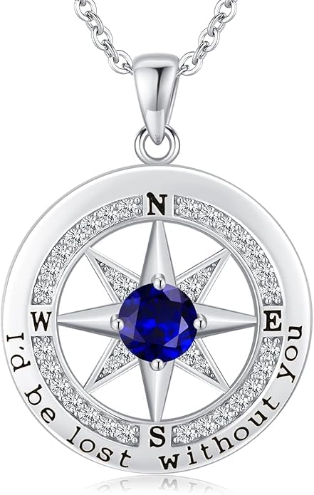 Compass Necklace for Women Wife Girlfriend Mom Daughter Gifts S925 Sterling Silver Jewelry For Anniversary Rose Gold Gifts For Birthday Christmas Mothers Valentines Day 12 Birthstones