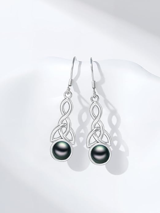 Tahitian Black Pearl Earrings Gifts for Women Wife Celtic Dangle Drop Earrings Wedding Birthday Anniversary Jewelry Valentines Christmas Day Gifts 925 Sterling Silver