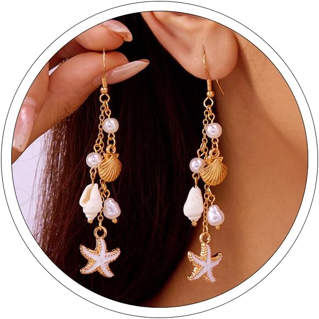 Gold Starfish Shell Earrings for Women with Pearl Beach Seashell Earrings Dangle Summer Vacation Earring for Women Beach Jewelry