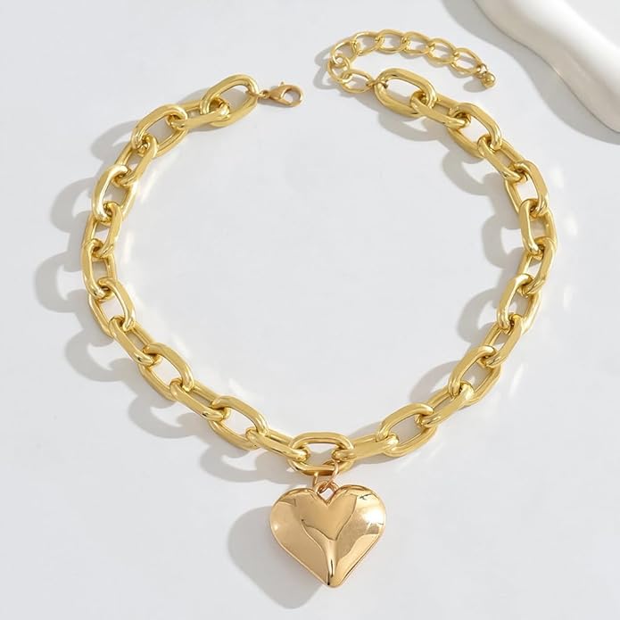 Chunky Gold Heart Necklace for Women,Y2K Big Heart Statement Necklace Long Puffy Hearts Chain Charm Necklaces Trendy Jewerly