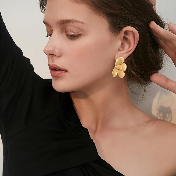 Chunky Gold Statement Earrings For Women Gold Plated Sectored Flower Leaf Shell Angel Wing Earrings Trendy Boho Jewelry For Women Large Stud Earrings Hypoallergenic Earrings