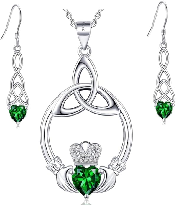 Gift Birthstone Necklaces for Women 925 Sterling Silver Irish Claddagh Necklace for Women Heart Birthstone Pendant Necklace Anniversary Birthday Gifts for Wife Lady Cable Chain 18"+2"