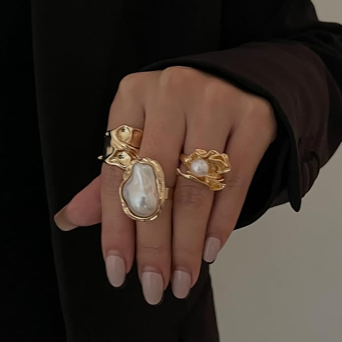 CJIAYUJEW Chunky Gold Flower Rings Pearl Stacking Statement Rings for Women Silver Chunky Knuckle Ring Set Adjustable Pearl Finger Ring Sets