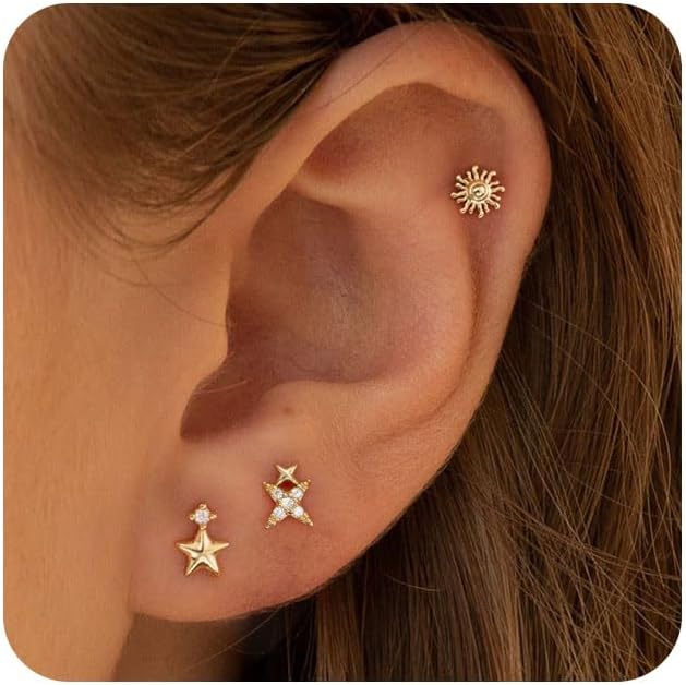 VRIUA 20G Tiny Flat Back Earrings for Women - 14K Gold/Silver Plated Small Flat Back Stud Earrings Hypoallergenic Cartilage Helix Piercing Jewelry