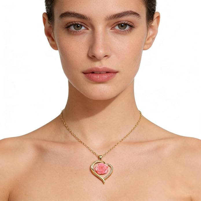 ONLYJUMP Rose Alloy Necklace for Women Heart Pendant Copper Zircon Light Luxury Fashion Jewelry Dainty Romantic Statement Necklace for Daily Wear Ideal Valentine's Day Anniversary Birthday Gift
