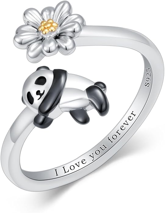 Animal Open Ring 925 Sterling Silver Koala/Panda/Highland Cow/Elephant Adjustable Ring Cute Animal Daisy Jewelry Gifts for Women