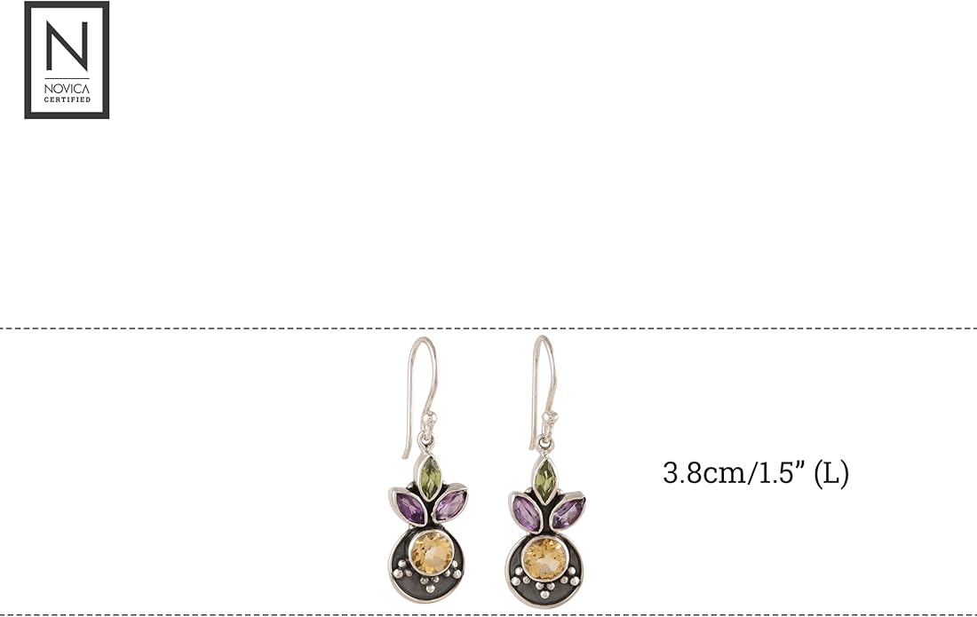 NOVICA Artisan Handmade Multigemstone Dangle Earrings 3carat from India Sterling Silver Citrine Amethyst Peridot Birthstone [1.5 in L x 0.4 in W x 0.1 in D] ' Glittering Melody'