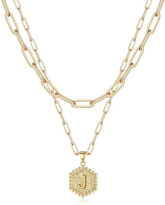 M MOOHAM Valentines Gifts for Women Teen Girls, 14K-Gold-Plated Initial Necklaces for Women Cute Hexagon Letter Initial Necklace Layered Necklaces for Womens Teen Girl Valentines Jewelry Gifts