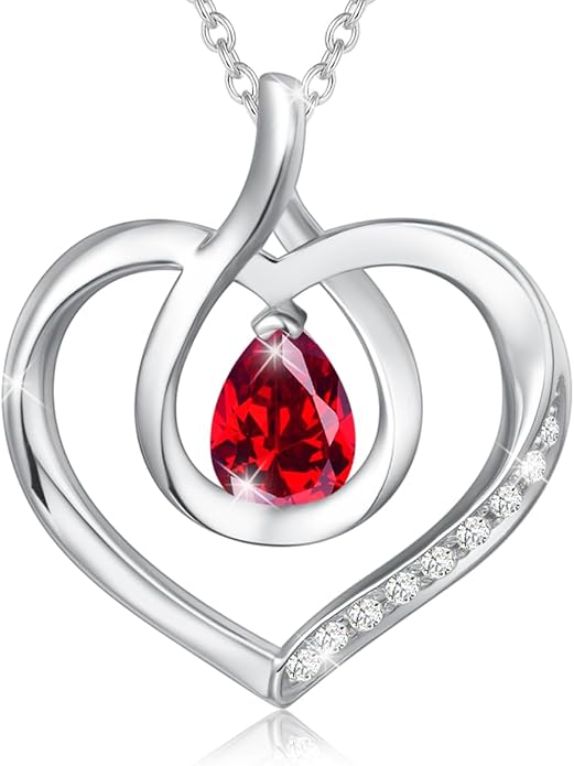 AGVANA Valentines Day Gifts Heart Birthstone Necklace for Women Sterling Silver Genuine or Created Gemstone Forever Love Pendant Necklace Fine Jewelry Anniversary Birthday Gifts for Women Mom Wife