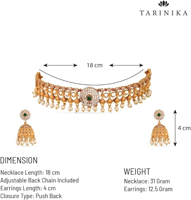 TARINIKA Brass Indian Choker Necklace Set - Gold Plated Cubic Zirconia Indian Jewelry Sets for Women Dangle, Drop, Jhumka Earrings Traditional Desi Necklace Pearls Gift for her