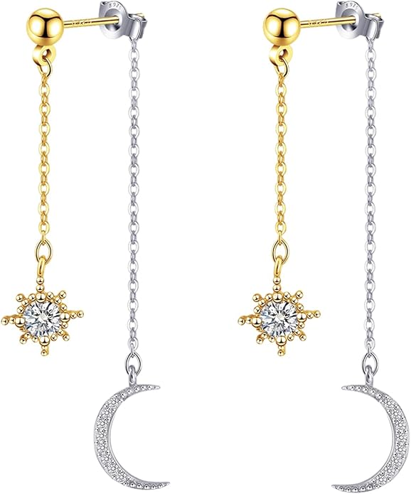 Moon and Star dangle Earrings for Women Chain Tassel with Cubic Zirconia Drop Celestial Jewelry for Wedding Gift