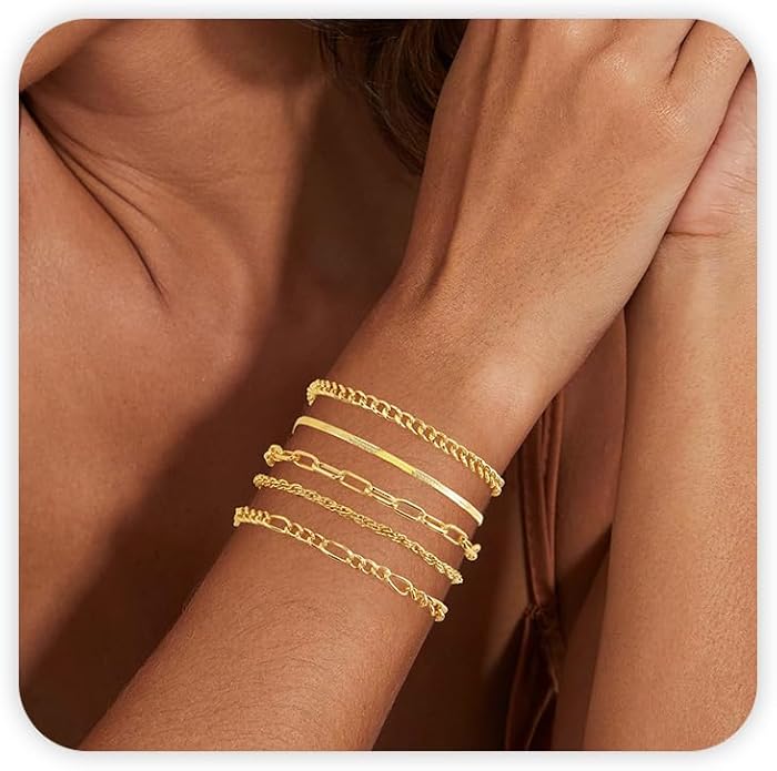 VIBILIA Dainty Gold Chain Bracelet for Women Trendy Stackable Adjustable Layered Metal Bracelet Gold Plated Twist Link Figaro Chain Paperclip Bracelets Fashion Jewelry