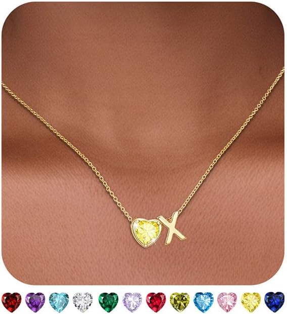 Valentines Day Gifts for Her- Heart Birthstone Initial Necklace for Women Girls,14K Gold Plated Heart Letter A-Z Necklace Birthday Trendy Jewelry Gifts for Women Girls Daughter