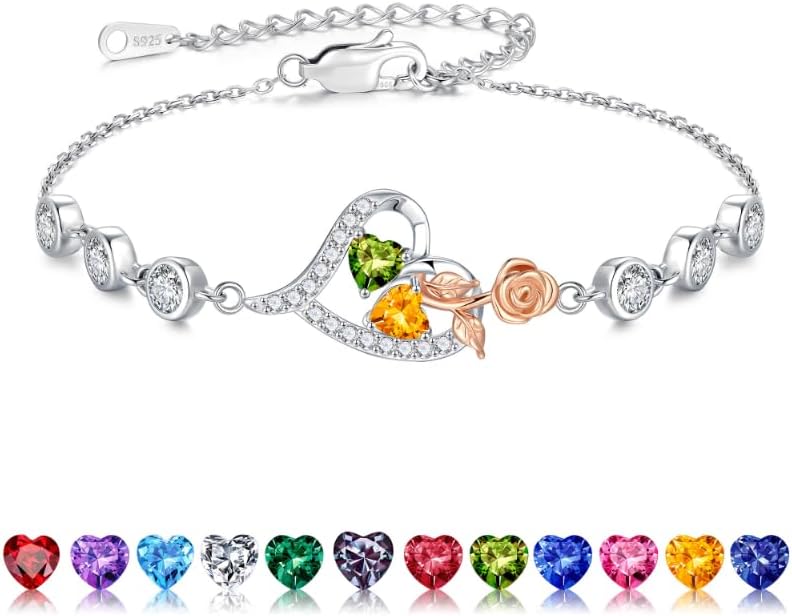 Iefil Valentines Day Gifts for Her - 925 Sterling Silver Rose Heart Birthstone Bracelets, Anniversary Birthday Gifts for Women Wife Mom Daughter, 6"+2"
