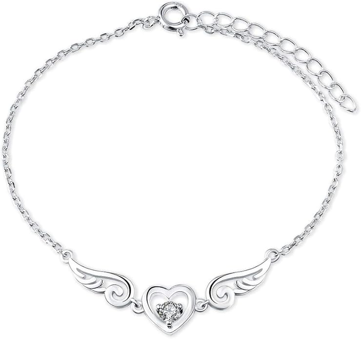 925 Sterling Silver Guardian Angel Wings Bracelets for Women, CZ Design Heart Adjustable Chain Bracelets for Jewelry